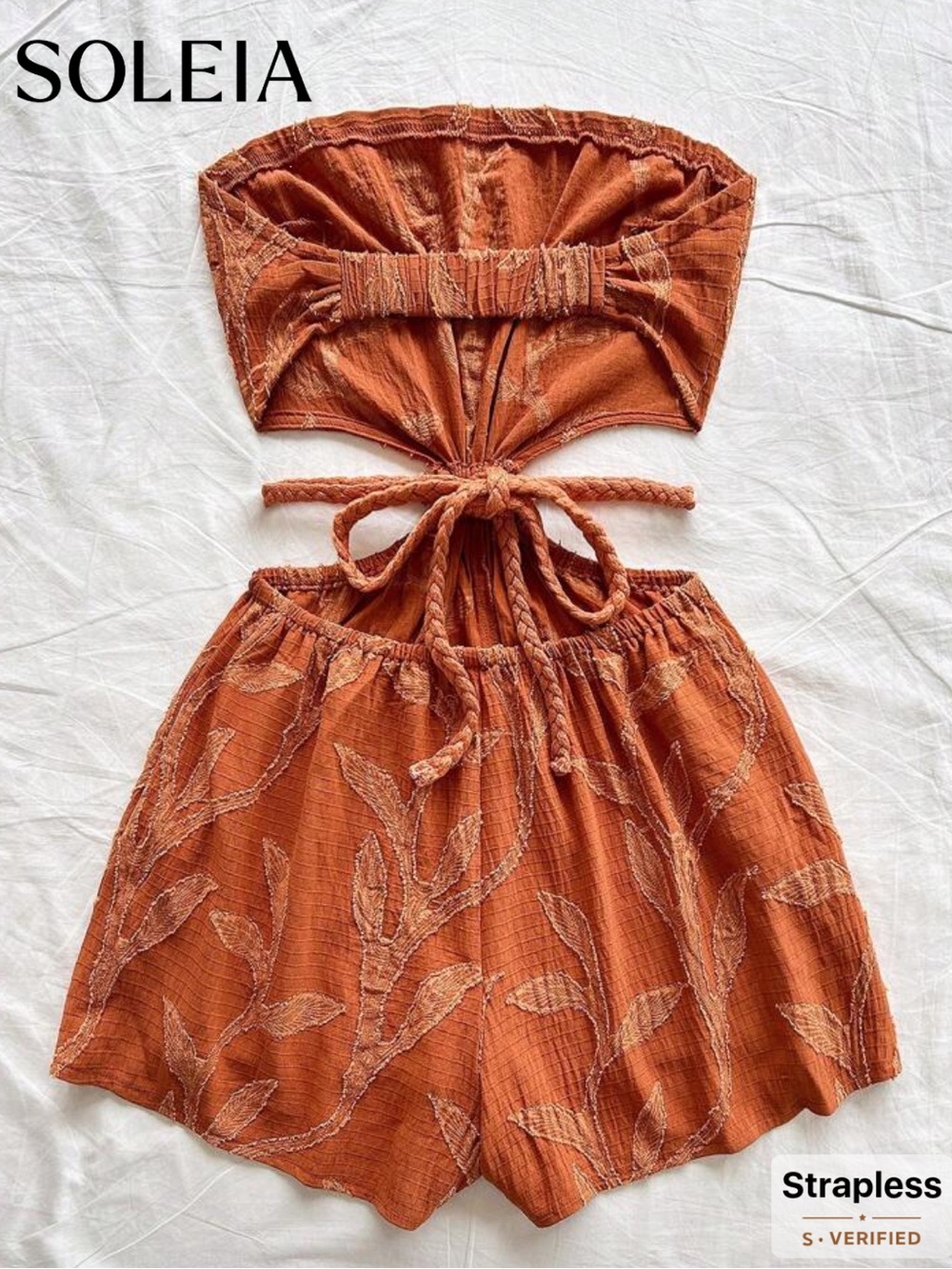 Rust Orange Strapless Flowy Leaf Leaves Textured Cutout Romper Playsuit L Large - Picture 2 of 3